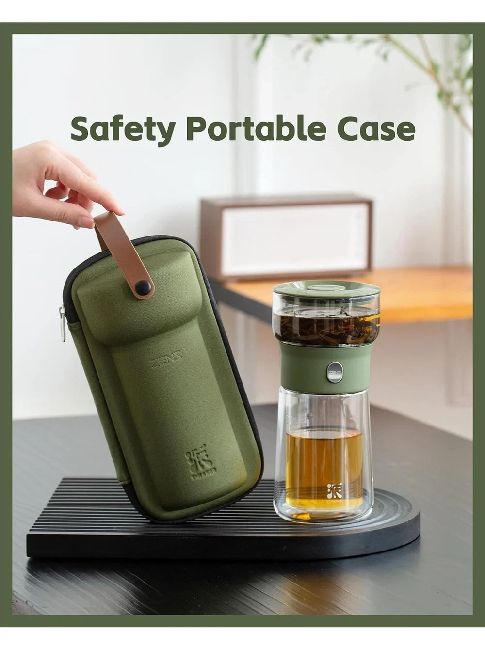 Olive Green Portable Tea Infuser Travel Mug with Carry Case
